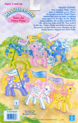 Size: 709x1119 | Tagged: safe, photographer:breyer600, bonnie bonnets, merriweather (g1), munchy, night glider (g1), twice as fancy buttons, yum yum, earth pony, pegasus, pony, unicorn, g1, official, backcard, backcard story, barcode, blushing, bow, cute, flower, g1 glideabetes, not what it looks like, pennant, story, tail bow, text, twice as fancy ponies
