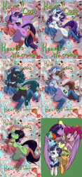 Size: 4076x8679 | Tagged: dead source, safe, artist:banoodle, applejack, cozy glow, fluttershy, pinkie pie, queen chrysalis, rainbow dash, rarity, twilight sparkle, oc, oc:anon, oc:filly anon, oc:littlepip, alicorn, changeling, changeling queen, earth pony, pegasus, pony, unicorn, fallout equestria, g4, the last problem, christmas, clothes, cozy closet, earth pony oc, female, filly, hat, holiday, horn, mane six, mare, multeity, older, older applejack, older fluttershy, older pinkie pie, older rainbow dash, older rarity, older twilight, older twilight sparkle (alicorn), open mouth, princess twilight 2.0, pun, santa hat, smiling, socks, twilight sparkle (alicorn), unicorn oc