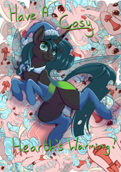 Size: 2039x2892 | Tagged: dead source, safe, alternate version, artist:banoodle, cozy glow, queen chrysalis, changeling, changeling queen, pegasus, pony, g4, christmas, clothes, female, filly, hat, high res, holiday, mare, multeity, pun, santa hat, smiling, socks