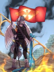 Size: 2265x3000 | Tagged: safe, artist:djkaskan, oc, oc only, oc:light knight, pegasus, anthro, unguligrade anthro, equestria at war mod, anthro oc, armor, clothes, day, fire, flag, high res, male, military, military uniform, pegasus oc, solo, wings