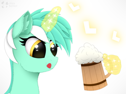 Size: 4000x3000 | Tagged: dead source, safe, artist:alexbefest, lyra heartstrings, pony, unicorn, g4, alcohol, beer, female, hand, licking, licking lips, magic, magic hands, mare, mug, solo, tongue out