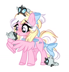 Size: 1895x1980 | Tagged: safe, artist:emberslament, oc, oc only, oc:bay breeze, changeling, changeling larva, nymph, pegasus, pony, alternate hairstyle, apron, baby, baby changeling, blushing, bow, clothes, cute, cuteling, female, hair bow, heart eyes, mare, mother, ocbetes, simple background, tail bow, white background, wing hands, wingding eyes, wings