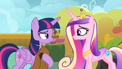 Size: 1920x1080 | Tagged: safe, screencap, princess cadance, twilight sparkle, alicorn, pony, g4, once upon a zeppelin, colored wings, concave belly, cowboy hat, duo, duo female, eyelashes, female, folded wings, gradient wings, hat, lidded eyes, looking at each other, looking at someone, physique difference, sisters-in-law, slender, thin, twilight sparkle (alicorn), wings