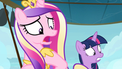 Size: 1920x1080 | Tagged: safe, screencap, princess cadance, twilight sparkle, alicorn, pony, g4, my little pony: friendship is magic, once upon a zeppelin, duo, duo female, female, sisters-in-law, twilight sparkle (alicorn)