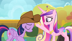 Size: 1920x1080 | Tagged: safe, screencap, princess cadance, twilight sparkle, alicorn, pony, g4, once upon a zeppelin, cowboy hat, duo, duo female, female, folded wings, hat, sisters-in-law, twilight sparkle (alicorn), wings