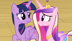 Size: 1920x1080 | Tagged: safe, screencap, princess cadance, twilight sparkle, alicorn, pony, g4, once upon a zeppelin, duo, duo female, female, folded wings, sisters-in-law, twilight sparkle (alicorn), wings