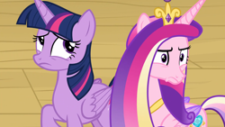 Size: 1920x1080 | Tagged: safe, screencap, princess cadance, twilight sparkle, alicorn, pony, g4, once upon a zeppelin, duo, duo female, female, folded wings, sisters-in-law, twilight sparkle (alicorn), wings