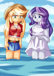 Size: 724x1023 | Tagged: safe, artist:araiiara123, applejack, rarity, equestria girls, g4, clothes, dress, duo, duo female, female, legs in the water, partially submerged, skirt, skirt lift, water, wet