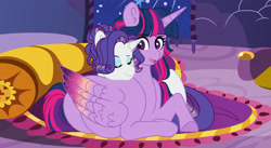 Size: 4816x2640 | Tagged: safe, artist:roses-are-gold, rarity, twilight sparkle, alicorn, pony, g4, colored wings, female, lesbian, lying down, multicolored wings, prone, ship:rarilight, shipping, twilight sparkle (alicorn), wings