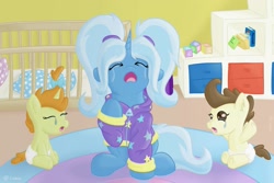 Size: 1771x1181 | Tagged: safe, artist:exobass, pound cake, pumpkin cake, trixie, pony, g4, alternate hairstyle, baby, babysitter trixie, bed, carpet, clothes, crib, crying, diaper, hoodie, indoors, male, shelf