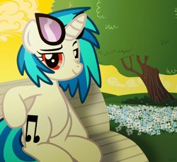 Size: 7200x6600 | Tagged: safe, artist:agkandphotomaker2000, dj pon-3, vinyl scratch, pony, unicorn, g4, absurd resolution, afternoon, bench, chillaxing, female, flower, hill, looking at you, raised eyebrows, red eyes, show accurate, sitting, solo, tree, vinyl's glasses