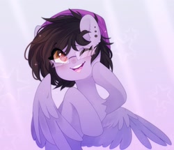 Size: 2634x2268 | Tagged: safe, artist:whiteliar, oc, oc only, oc:nightshade (pegasus), pegasus, pony, beanie, blushing, cheek squish, chest fluff, ear fluff, ear piercing, earring, female, glasses, hat, high res, jewelry, mare, one eye closed, piercing, simple background, smiling, solo, squishy cheeks, wink
