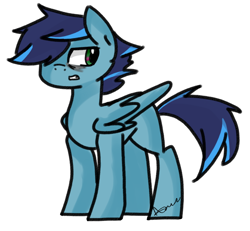 Size: 1070x989 | Tagged: safe, artist:xxanniebluexx, oc, oc only, oc:rain lightning, pegasus, pony, blank flank, hidden eyes, male, offspring, parent:rainbow dash, parent:soarin', parents:soarindash, pegasus oc, simple background, solo, stallion, tired, white background, wings