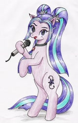 Size: 2001x3153 | Tagged: safe, artist:40kponyguy, derpibooru exclusive, aria blaze, earth pony, pony, bipedal, choker, ear fluff, equestria girls ponified, female, hoof hold, looking at you, mare, microphone, pigtails, ponified, simple background, solo, traditional art, twintails