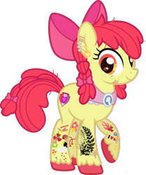 Size: 3500x4191 | Tagged: safe, artist:n0kkun, apple bloom, earth pony, pony, g4, alternate hairstyle, apple bloom's bow, bow, cutie mark, ear piercing, earring, eye scar, female, hair bow, headcanon, jewelry, mare, older, older apple bloom, piercing, raised hoof, scar, simple background, solo, tattoo, the cmc's cutie marks, transparent background, unshorn fetlocks