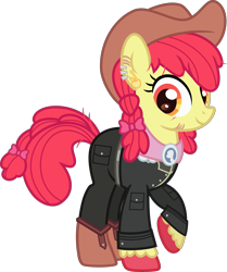 Size: 3500x4182 | Tagged: safe, artist:n0kkun, apple bloom, earth pony, pony, g4, alternate hairstyle, belt, boots, clothes, cowboy boots, cowboy hat, ear piercing, earring, eye scar, female, hat, jacket, jeans, jewelry, mare, older, older apple bloom, pants, piercing, raised hoof, scar, shoes, simple background, solo, suit, transparent background, unshorn fetlocks