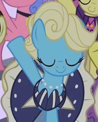 Size: 294x366 | Tagged: safe, screencap, eclair créme, jangles, masquerade, primrose, royal ribbon, earth pony, pony, g4, sweet and elite, clothes, cropped, dress, eyes closed, female, jewelry, mare, necklace, pearl necklace, raised hoof, solo focus