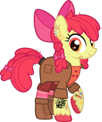 Size: 3500x4191 | Tagged: safe, artist:n0kkun, apple bloom, earth pony, pony, g4, alternate hairstyle, apple, apple bloom's bow, boots, bow, clothes, coat, ear piercing, earring, eye scar, female, food, hair bow, jewelry, mare, older, older apple bloom, piercing, raised hoof, scar, shirt, shoes, shorts, simple background, socks, solo, striped socks, t-shirt, tattoo, transparent background, unshorn fetlocks