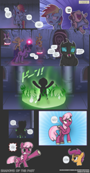 Size: 3000x5771 | Tagged: safe, artist:perfectblue97, applejack, cheerilee, peachy sweet, scootaloo, twilight sparkle, changeling, earth pony, pegasus, pony, unicorn, comic:shadows of the past, g4, apple family member, blood, bucket, censor bar, censored, comic, disguise, female, filly, green blood, magic, mare, open mouth, telekinesis