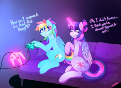 Size: 2964x2160 | Tagged: safe, artist:aaa-its-spook, rainbow dash, twilight sparkle, alicorn, pegasus, pony, g4, couch, cross-popping veins, female, gaming, glowing horn, high res, horn, lesbian, magic, mare, nintendo 64 controller, ship:twidash, shipping, teasing, telekinesis, twilight sparkle (alicorn)