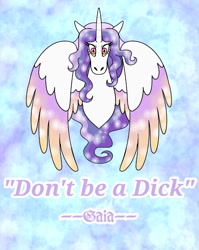Size: 955x1200 | Tagged: safe, artist:natgasher, oc, oc only, oc:gaia, alicorn, pony, auraverse, alicorn oc, horn, solo, text, wings