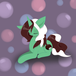 Size: 1000x1000 | Tagged: safe, artist:kaggy009, oc, oc only, oc:peppermint pattie (unicorn), pony, unicorn, ask peppermint pattie, female, lying down, mare, prone, solo