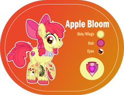Size: 1400x1068 | Tagged: safe, artist:n0kkun, apple bloom, earth pony, pony, g4, alternate hairstyle, apple bloom's bow, bow, cutie mark, ear piercing, earring, eye scar, female, hair bow, headcanon, jewelry, mare, older, older apple bloom, orange background, piercing, raised hoof, reference sheet, scar, simple background, solo, tattoo, the cmc's cutie marks, transparent background, unshorn fetlocks
