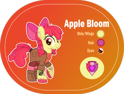 Size: 1400x1068 | Tagged: safe, artist:n0kkun, apple bloom, earth pony, pony, g4, alternate hairstyle, apple, apple bloom's bow, boots, bow, clothes, coat, cutie mark, ear piercing, earring, eye scar, female, food, hair bow, jewelry, mare, older, older apple bloom, orange background, piercing, raised hoof, reference sheet, scar, shirt, shoes, shorts, simple background, socks, solo, striped socks, t-shirt, tattoo, the cmc's cutie marks, transparent background, unshorn fetlocks