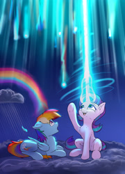 Size: 2856x3962 | Tagged: safe, alternate version, artist:xbi, rainbow dash, starlight glimmer, pegasus, pony, unicorn, g4, aurora borealis, backwards cutie mark, chest fluff, cloud, duo, ear fluff, feather, female, floppy ears, glowing horn, high res, horn, looking up, magic, magic overload, mare, night, on a cloud, open mouth, rain, rainbow, shocked, shocked expression, shooting star, sitting, sitting on a cloud, sky, stars, textless version