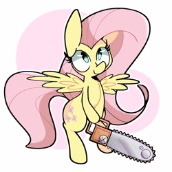 Size: 2500x2500 | Tagged: safe, artist:kindakismet, fluttershy, pegasus, pony, .mov, shed.mov, g4, bipedal, chainsaw, female, high res, mare, simple background, solo, white background