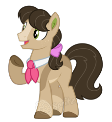 Size: 1560x1704 | Tagged: safe, artist:strawberry-spritz, oc, oc only, earth pony, pony, bow, hair bow, magical lesbian spawn, male, offspring, parent:applejack, parent:octavia melody, simple background, solo, stallion, transparent background