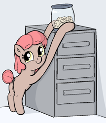 Size: 756x878 | Tagged: safe, artist:heretichesh, oc, oc only, earth pony, pony, bipedal, cabinet, cookie, cookie jar, female, filly, food, long legs, smiling, solo, stretching, stretchy, stretchy arms