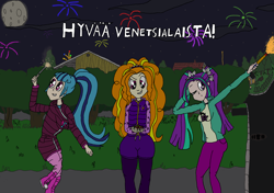 Size: 3504x2471 | Tagged: safe, artist:ewrrfb, adagio dazzle, aria blaze, sonata dusk, equestria girls, g4, asphalt, blue hair, celebrating, celebration, clothes, dark, female, finnish, firecracker, firecrackers, fireworks, grass, hedge, high res, hoodie, houses, logs, manhole, moon, night, night sky, orange hair, purple eyes, purple hair, roman candle, roof, smoke, sparkler (firework), stars, text, the dazzlings, tree, venetian festival, white text