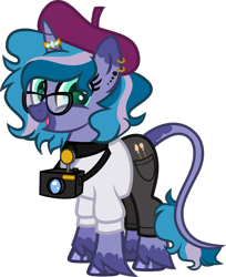 Size: 1920x2352 | Tagged: safe, artist:n0kkun, oc, oc only, oc:feather frame, pony, unicorn, beret, camera, choker, clothes, ear piercing, earring, female, glasses, hat, horn, horn ring, jeans, jewelry, leonine tail, mare, markings, open mouth, paintbrush, pants, piercing, ring, simple background, solo, sweater, transparent background, unshorn fetlocks, wedding ring