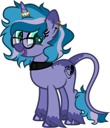 Size: 1920x2219 | Tagged: safe, artist:n0kkun, oc, oc only, oc:feather frame, pony, unicorn, choker, ear piercing, earring, female, glasses, horn, horn ring, jewelry, leonine tail, mare, markings, open mouth, piercing, ring, simple background, solo, transparent background, unshorn fetlocks, wedding ring