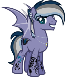 Size: 1920x2272 | Tagged: safe, artist:n0kkun, oc, oc only, oc:night storm (ice1517), bat pony, pony, bat pony oc, bat wings, ear piercing, earring, eyebrow piercing, grin, jewelry, male, multicolored hair, necklace, piercing, ring, simple background, smiling, solo, stallion, tattoo, transparent background, wedding ring, wings