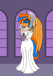 Size: 2141x3100 | Tagged: safe, artist:supra80, oc, oc only, oc:cold front, pegasus, anthro, anthro oc, bouquet, carrying, clothes, crossdressing, dress, femboy, flower, high res, male, pegasus oc, photoshop, rose, see-through, solo, wedding dress, wings