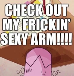 Size: 817x835 | Tagged: safe, edit, edited screencap, screencap, pinkie pie, g4.5, my little pony: pony life, sick day, book, caption, close-up, funny, gross, hairy, hairy arms, hooves, image macro, sexy, text
