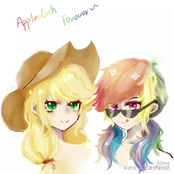 Size: 1000x1000 | Tagged: dead source, safe, artist:dtea, applejack, rainbow dash, human, g4, alternate hairstyle, applejack's hat, cowboy hat, female, hat, head only, humanized, lesbian, looking at you, pigtails, ship:appledash, shipping, simple background, sunglasses, tongue out, twintails, white background