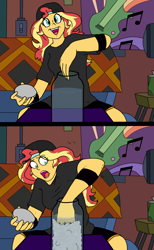 Size: 1500x2432 | Tagged: safe, artist:pony quarantine, sunset shimmer, equestria girls, g4, 2 panel comic, alternate hairstyle, alternative outfit, armband, blanket, clothes, comic, couch, drawthread, hat, have a good day, hot ice, jar, l.a. beast, light switch, poster, shirt, sodium acetate trihydrate, television, this ended in pain