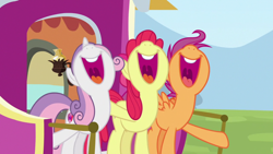 Size: 1920x1080 | Tagged: safe, screencap, apple bloom, scootaloo, sweetie belle, earth pony, pegasus, pony, unicorn, g4, growing up is hard to do, being big is all it takes, cutie mark, cutie mark crusaders, mawshot, nose in the air, older, open mouth, singing, the cmc's cutie marks, uvula, volumetric mouth