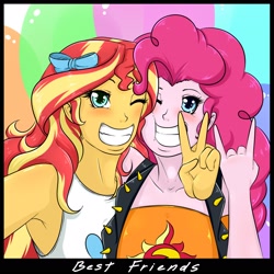 Size: 1600x1600 | Tagged: safe, artist:albertbm, pinkie pie, sunset shimmer, equestria girls, equestria girls series, g4, holidays unwrapped, spoiler:eqg series (season 2), camera, clothes swap, devil horn (gesture), selfie, simple background