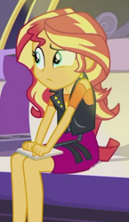 Size: 482x829 | Tagged: safe, screencap, sunset shimmer, driving miss shimmer, driving miss shimmer: rarity, equestria girls, g4, my little pony equestria girls: better together, amber skin, clothes, confused, cropped, cutie mark on clothes, cyan eyes, eyebrows, female, geode of empathy, jewelry, leather, leather vest, legs, limousine, magical geodes, necklace, notepad, raised eyebrow, red hair, shoulderless shirt, skirt, solo, spikes, vest, yellow streaks