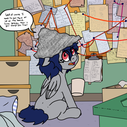 Size: 1500x1500 | Tagged: safe, artist:pony quarantine, bulk biceps, princess luna, scootaloo, oc, oc only, oc:tin foal, pegasus, pony, g4, blanket, box, clip board, coffee mug, conspiracy, conspiracy board, conspiracy theory, dialogue, female, filly, hat, mare, mug, open mouth, paper, pillow, sitting, solo, speech bubble, string, text, tinfoil, tinfoil hat