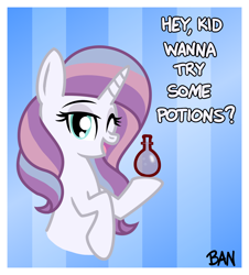 Size: 1290x1426 | Tagged: safe, artist:banquo0, potion nova, pony, unicorn, g4.5, my little pony: pony life, bust, drug dealer, female, mare, one eye closed, potion, solo, text, this will end in jail time, wink