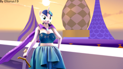Size: 3840x2160 | Tagged: safe, artist:eltorus19, shining armor, anthro, g4, 3d, breasts, busty gleaming shield, canterlot castle, cape, clothes, dress, female, gleaming shield, high res, rule 63, solo, source filmmaker, sunset, sword, weapon