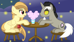 Size: 5200x3000 | Tagged: safe, artist:cranberry-tofu, discord, oc, oc:alice goldenfeather, pegasus, pony, g4, canon x oc, high res, looking at each other, milkshake, pony discord, shipping, stool, table