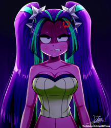 Size: 1060x1220 | Tagged: safe, artist:the-butch-x, aria blaze, equestria girls, g4, my little pony equestria girls: rainbow rocks, angry, bare shoulders, belly, belly button, blushing, breasts, busty aria blaze, cleavage, clothes, cross-popping veins, digital art, female, frown, glare, gradient background, gritted teeth, looking at you, midriff, pigtails, remake, signature, sleeveless, solo, strapless, tube top, twintails