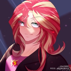 Size: 1080x1080 | Tagged: dead source, safe, artist:re氏卷饼, sunset shimmer, equestria girls, g4, bust, clothes, female, jacket, leather jacket, looking at you, solo