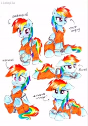 Size: 2305x3284 | Tagged: safe, artist:liaaqila, rainbow dash, pegasus, pony, g4, clothes, commission, cute, dashabetes, female, high res, jumpsuit, prison outfit, prisoner rd, simple background, solo, traditional art, white background